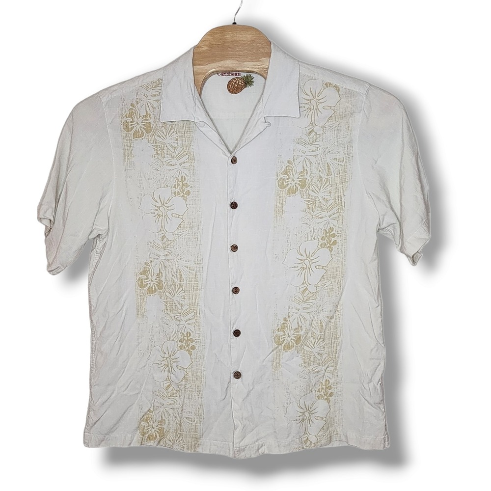 Caribbean Mens‎ Large Hawaiian Shirt White Silk rayon Floral Short Sleeve camp - Picture 2 of 5